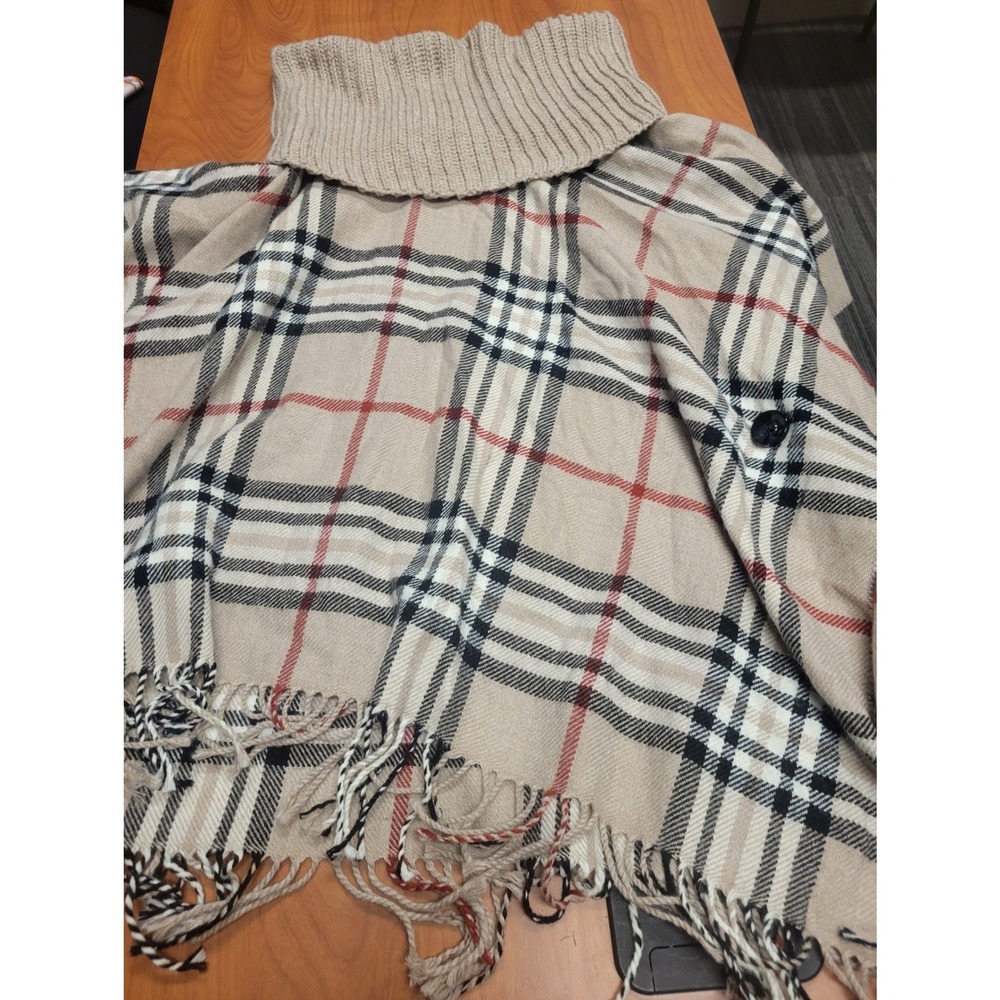 V. Fraas Plaid Poncho Wrap Tan Beige Turtleneck Fringed Shawl Sz M